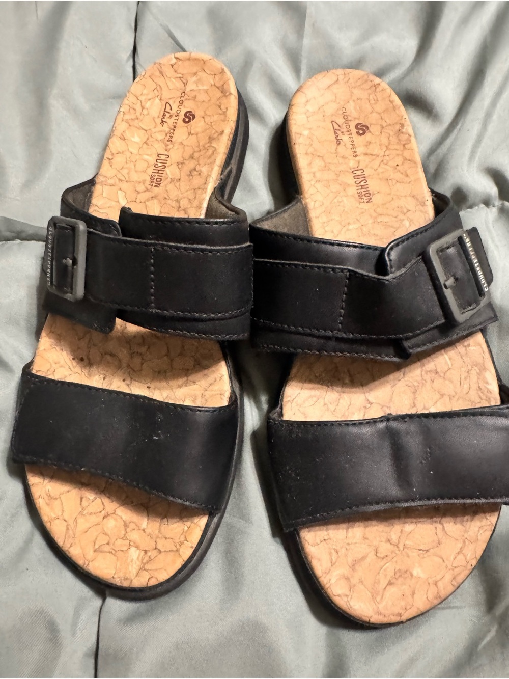 Clarks Black Leather Double-Strap Slide Sandals